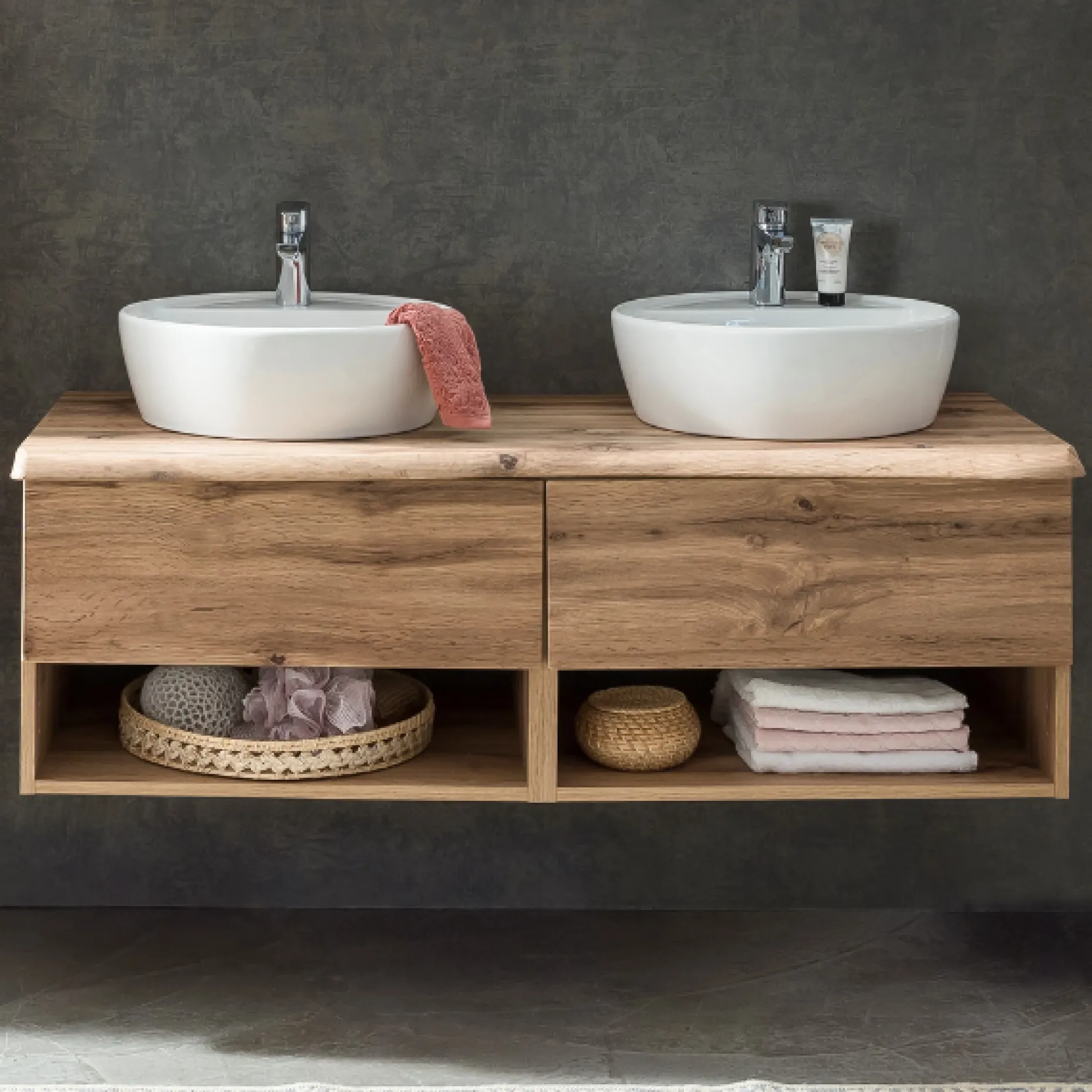 Waschbeckenschrank Karan 121cm mit zwei Waschbecken und zwei Schubladen - Eiche