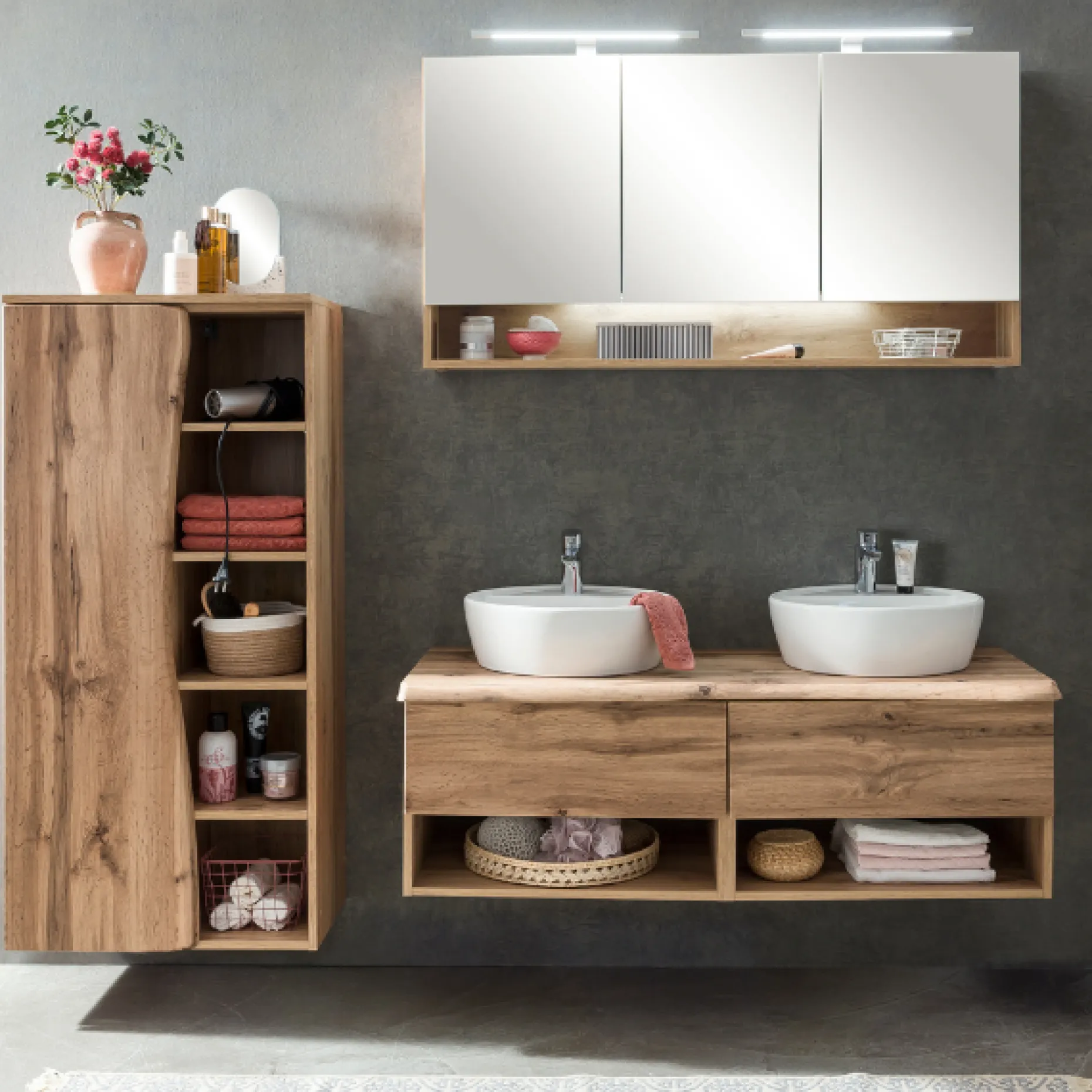 Waschbeckenschrank Karan 121cm mit zwei Waschbecken und zwei Schubladen - Eiche