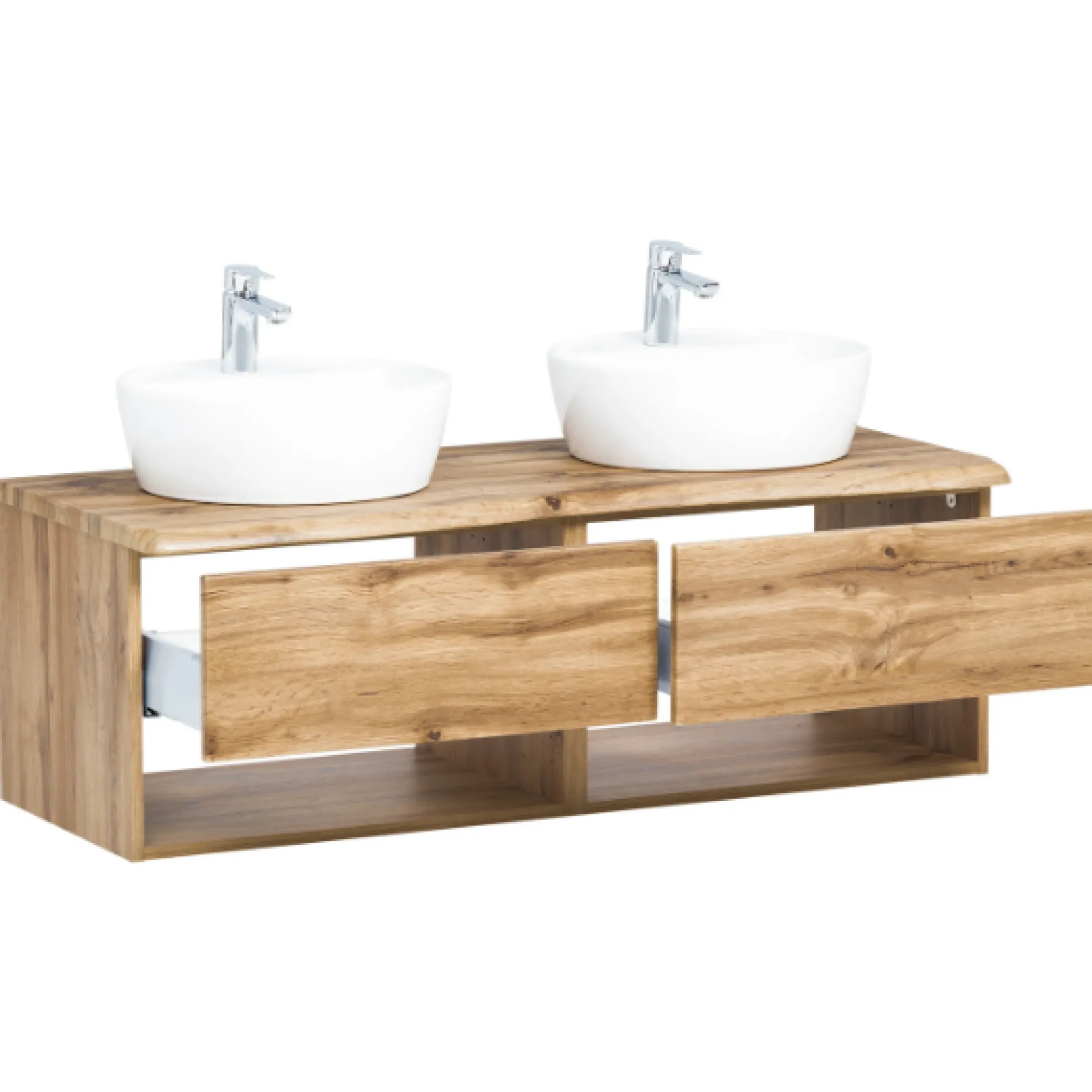 Waschbeckenschrank Karan 121cm mit zwei Waschbecken und zwei Schubladen - Eiche