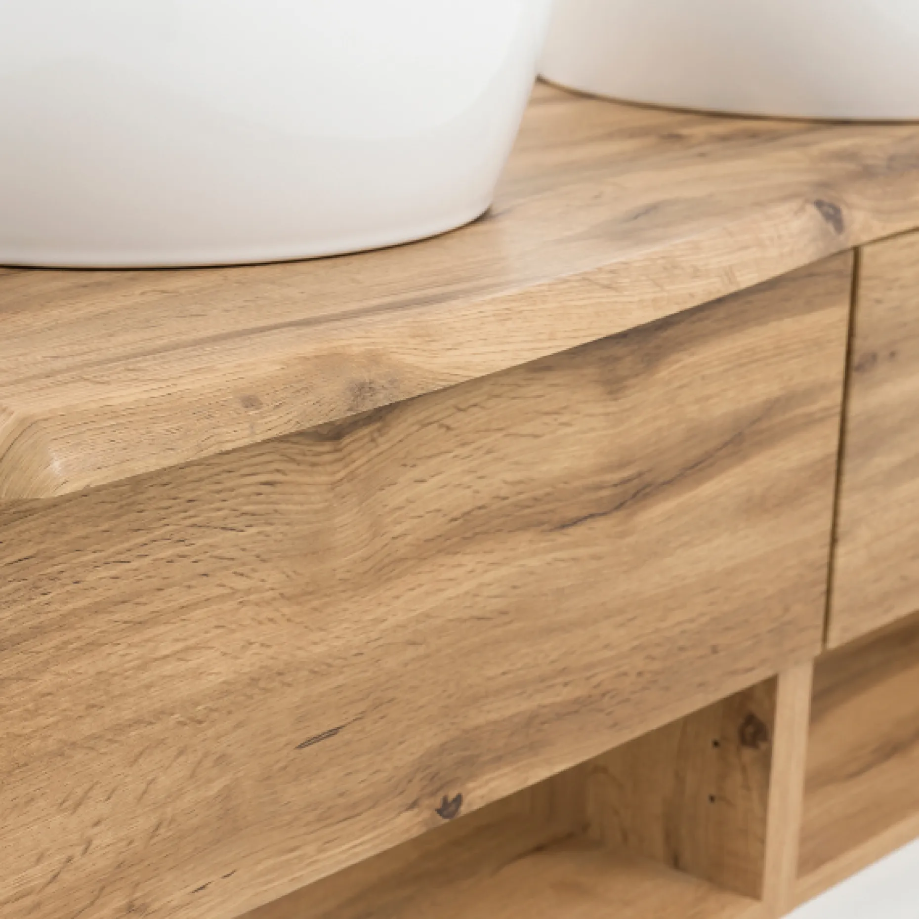 Waschbeckenschrank Karan 121cm mit zwei Waschbecken und zwei Schubladen - Eiche