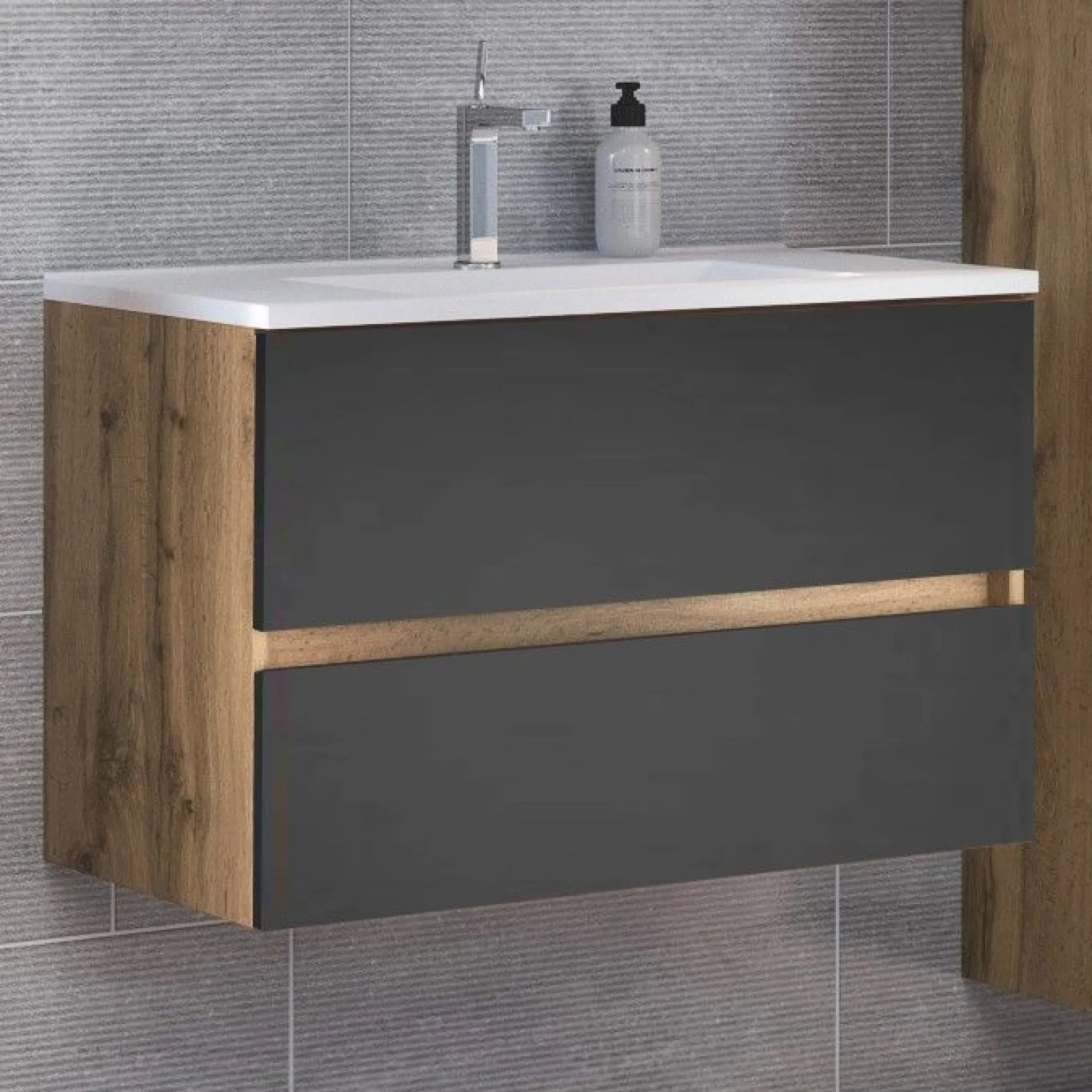 Waschbeckenschrank Luna 100cm 2 Schubladen - Eiche/grau