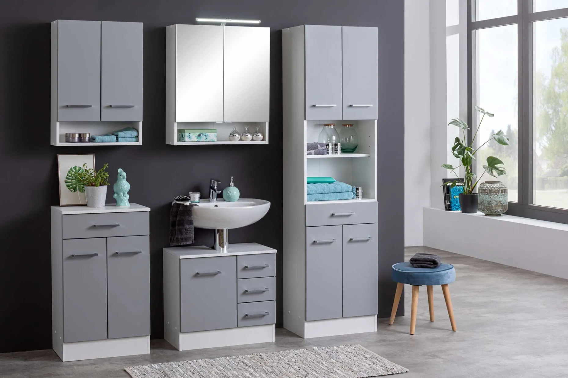 Waschbeckenschrank Ricca 60cm 1 Tür und 3 Schubladen - weiß/hellgrau