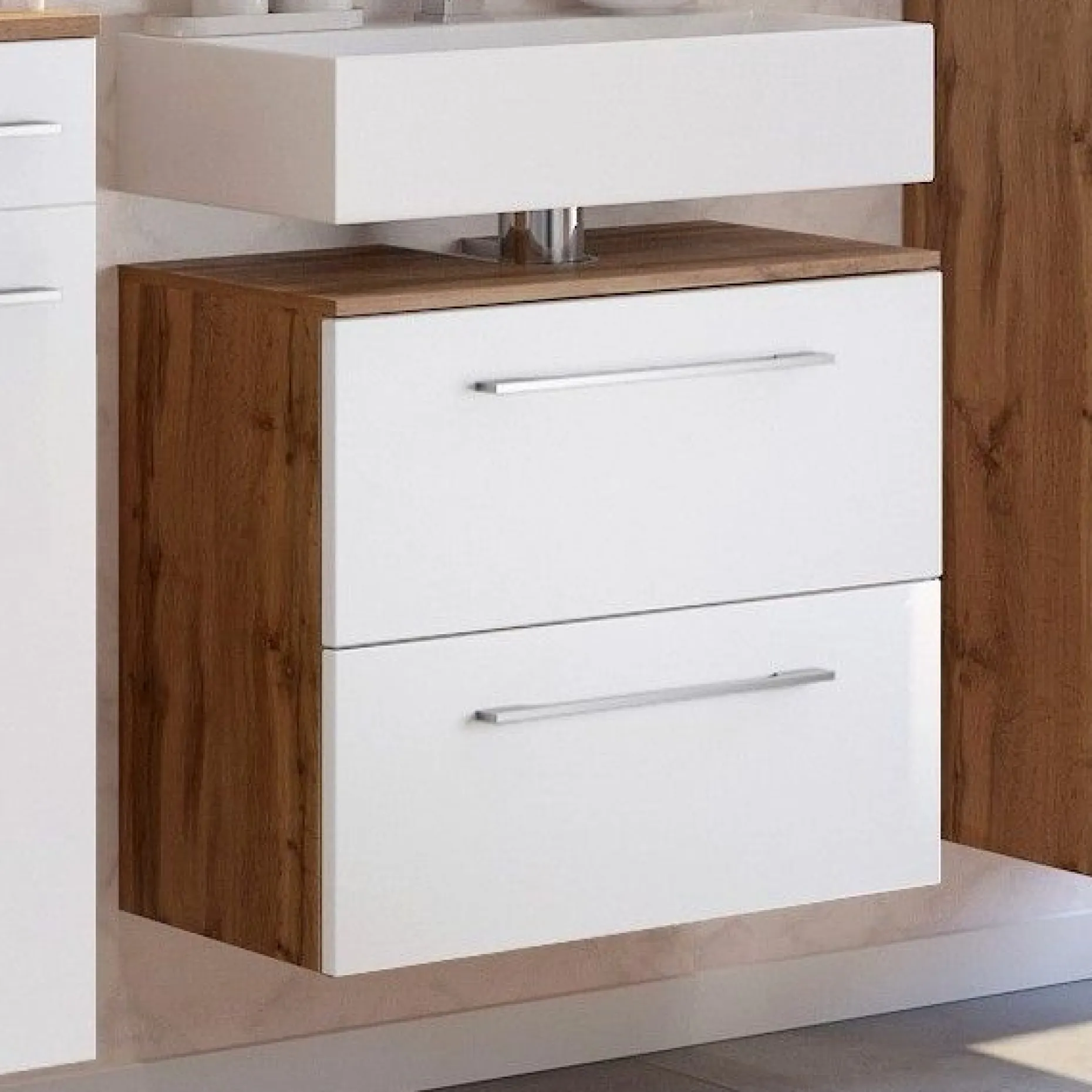 Waschbeckenschrank Sefa 60cm 1 Tür und 1 Schublade - Eiche/Weiß