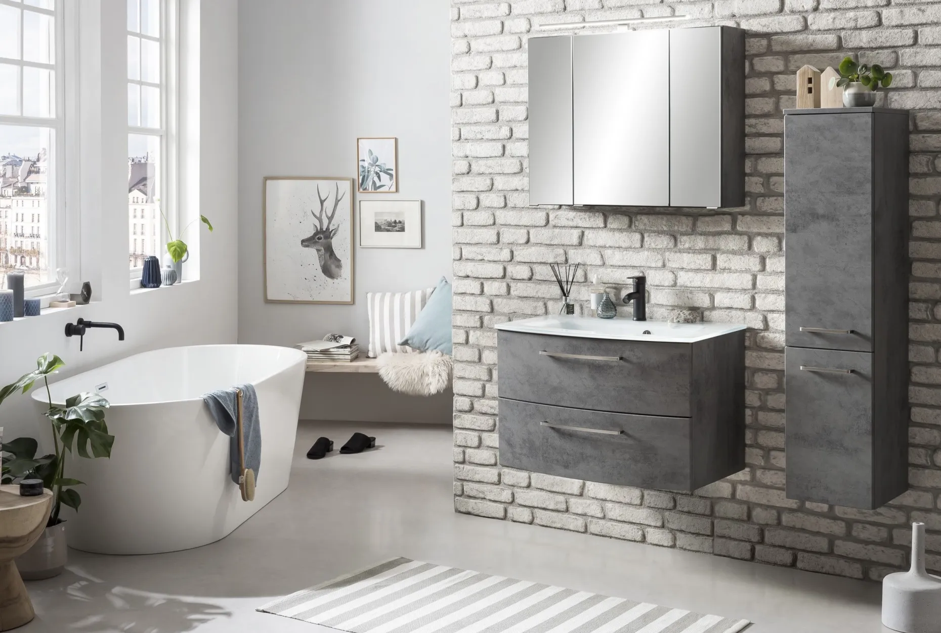 Waschbeckenschrank Stivan 80cm weißes Waschbecken - Beton