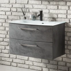 Waschbeckenschrank Stivan 80cm weißes Waschbecken - Beton