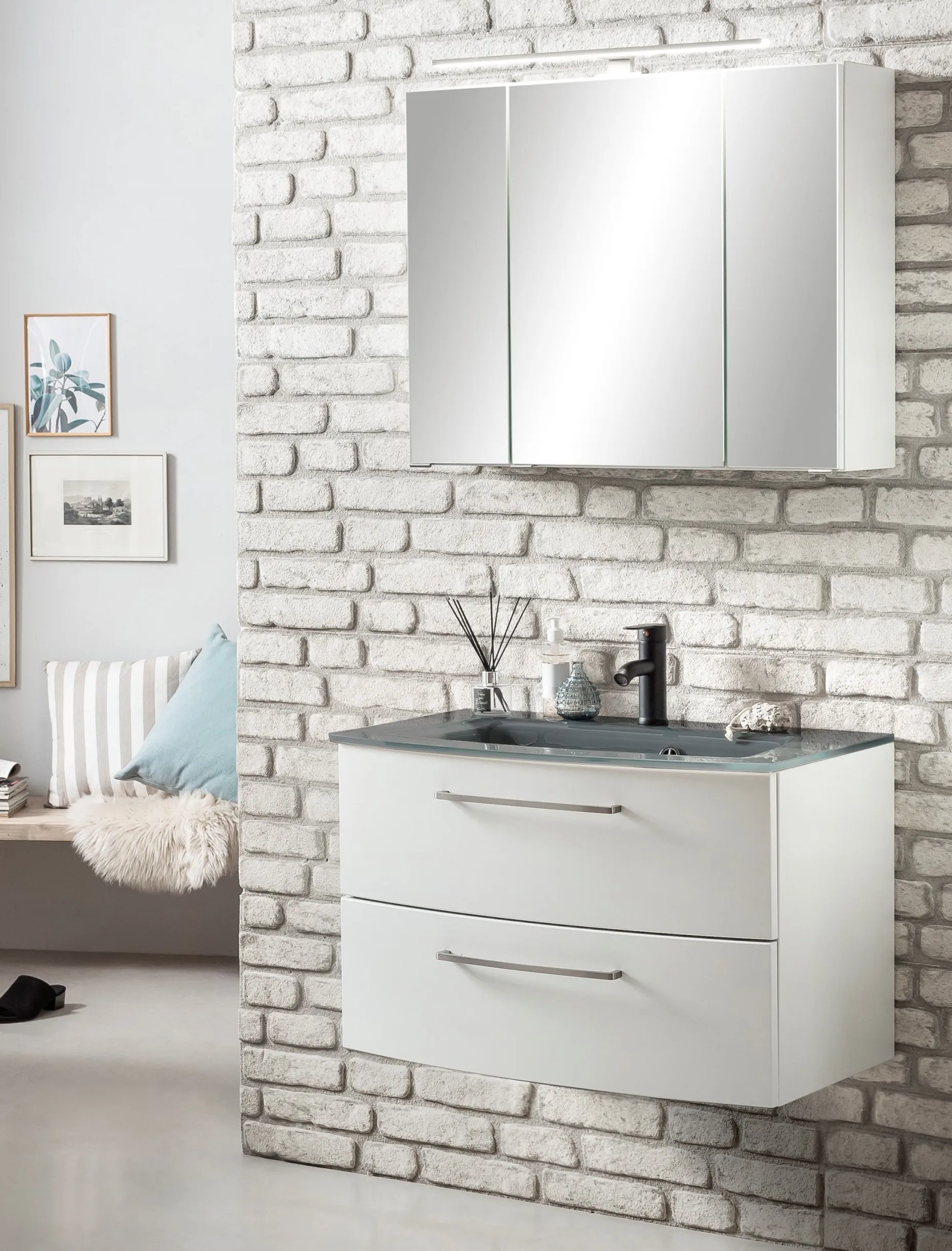 Waschbeckenschrank Stivan 80cm grau Waschbecken - weiß
