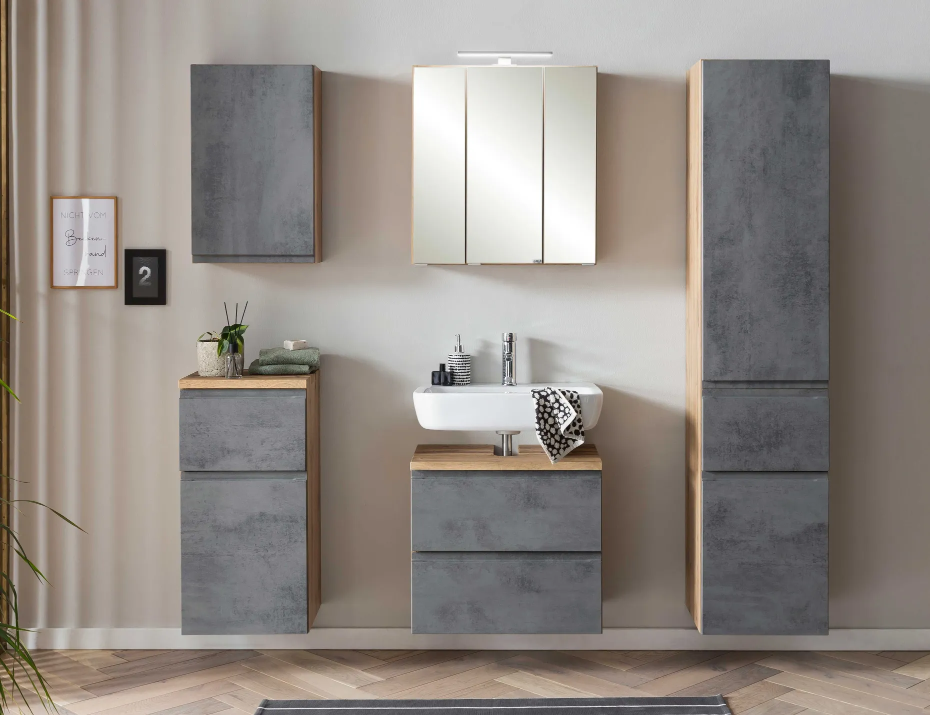 Waschbeckenschrank Varese | 60 x 47 x 56 cm | Wotan Oak / Betonfarbe