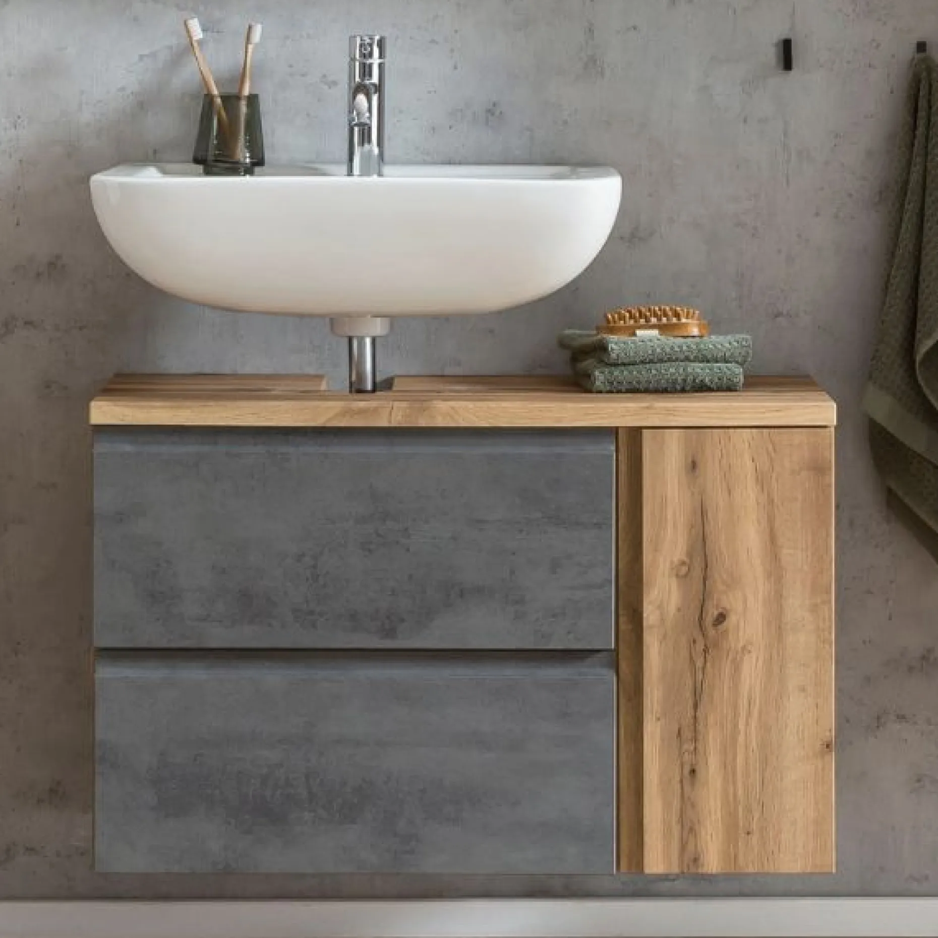 Waschbeckenschrank Varese | 85 x 47 x 56 cm | Wotan Oak / Betonfarbe