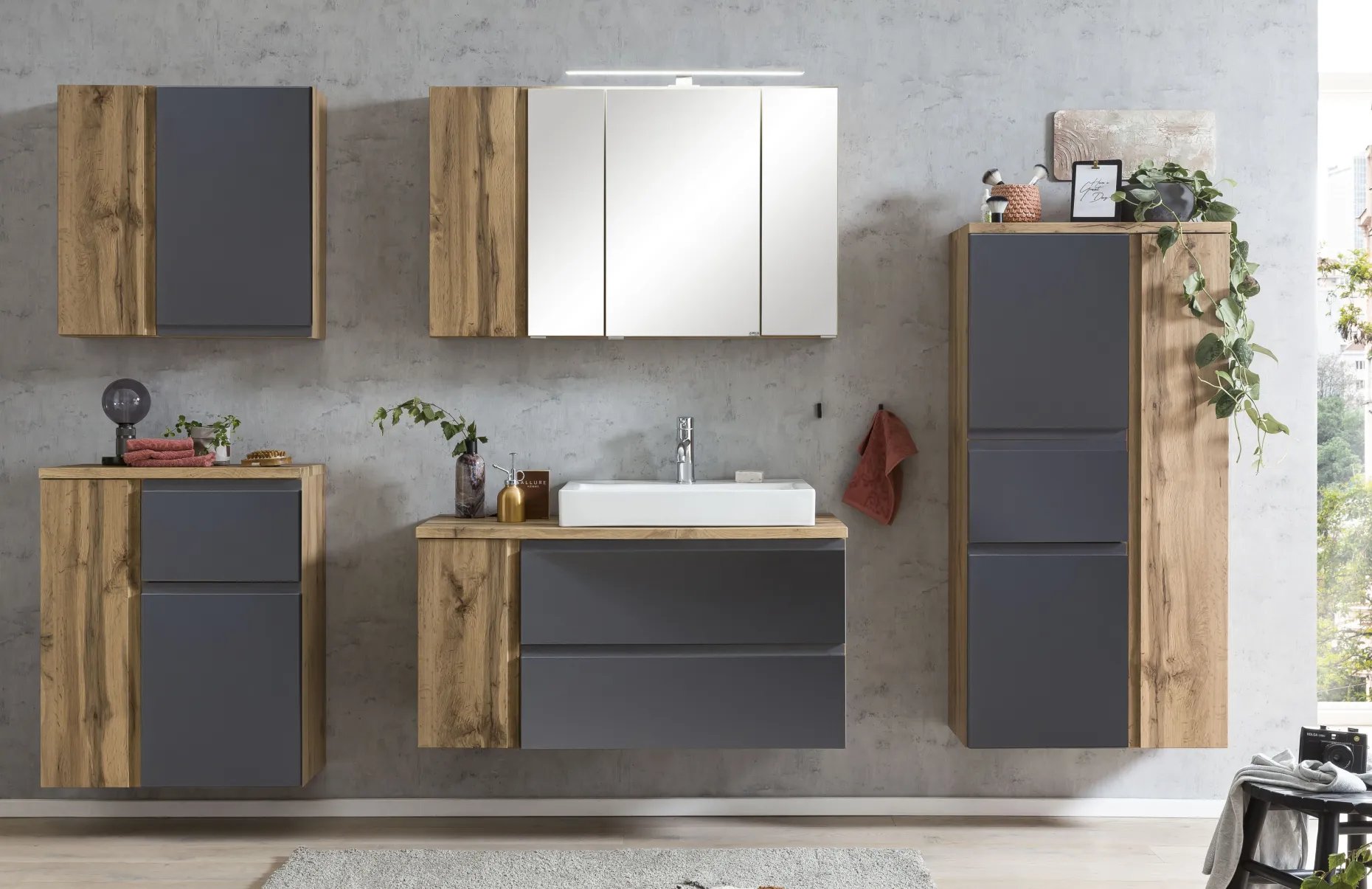 Waschbeckenschrank Varese | 105 x 47 x 65 cm | Wotan Oak / Grey