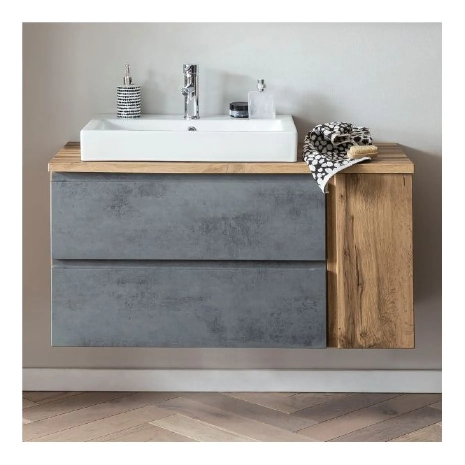 Waschbeckenschrank Varese | 105 x 47 x 65 cm | Wotan Oak / Farbe Beton