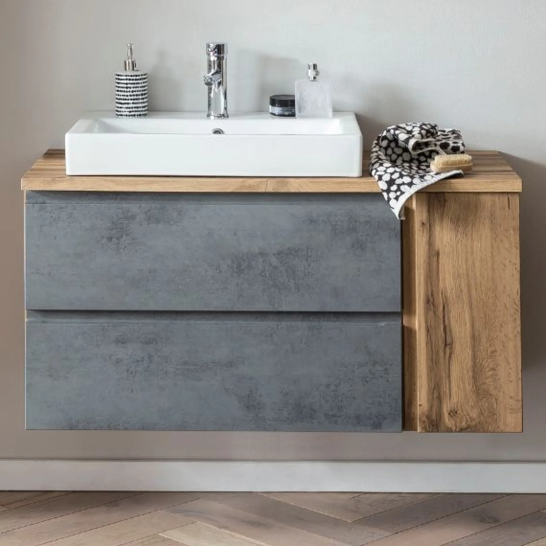 Waschbeckenschrank Varese | 105 x 47 x 65 cm | Wotan Oak / Farbe Beton