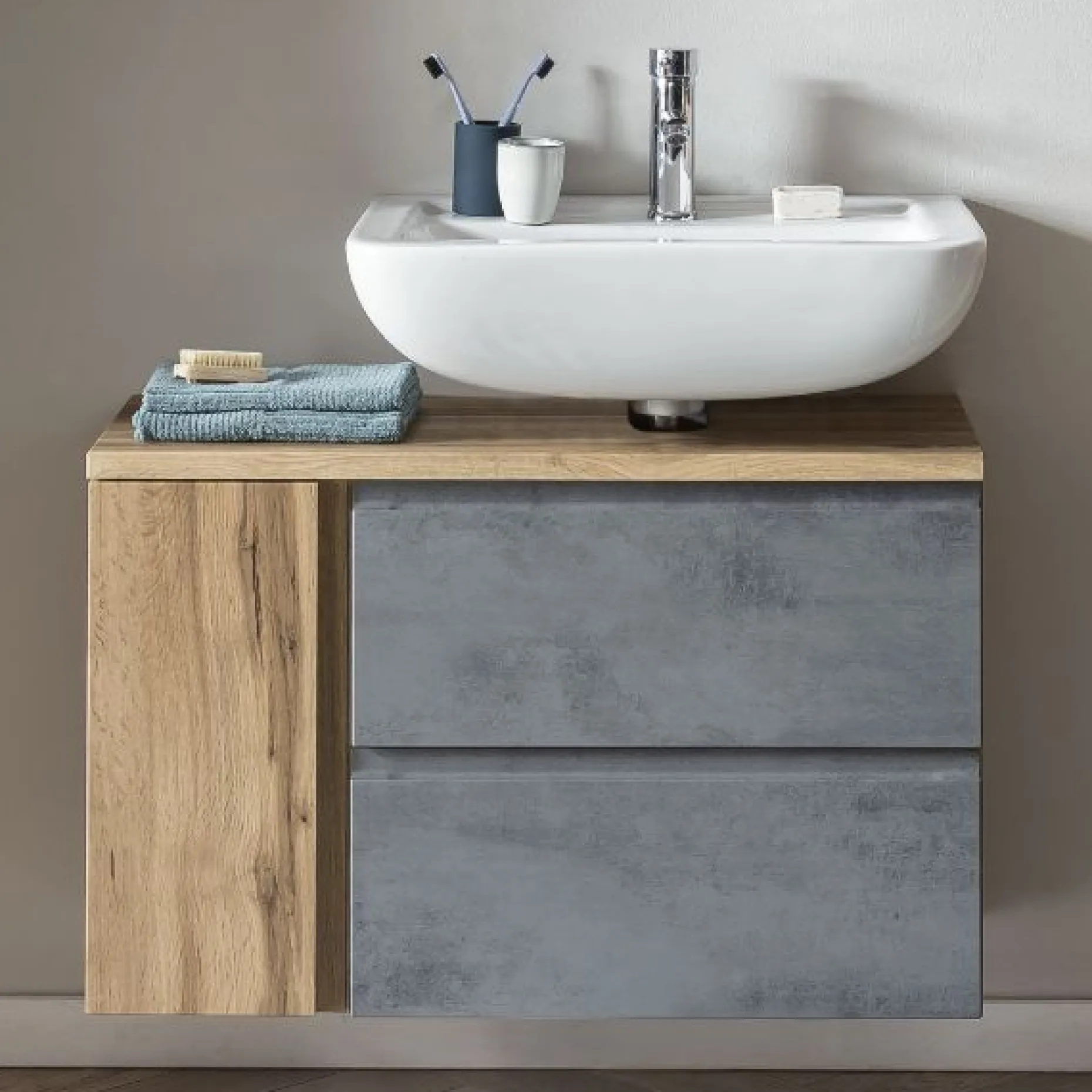 Waschbeckenschrank Varese | 85 x 47 x 56 cm | Wotan Oak / Betonfarbe