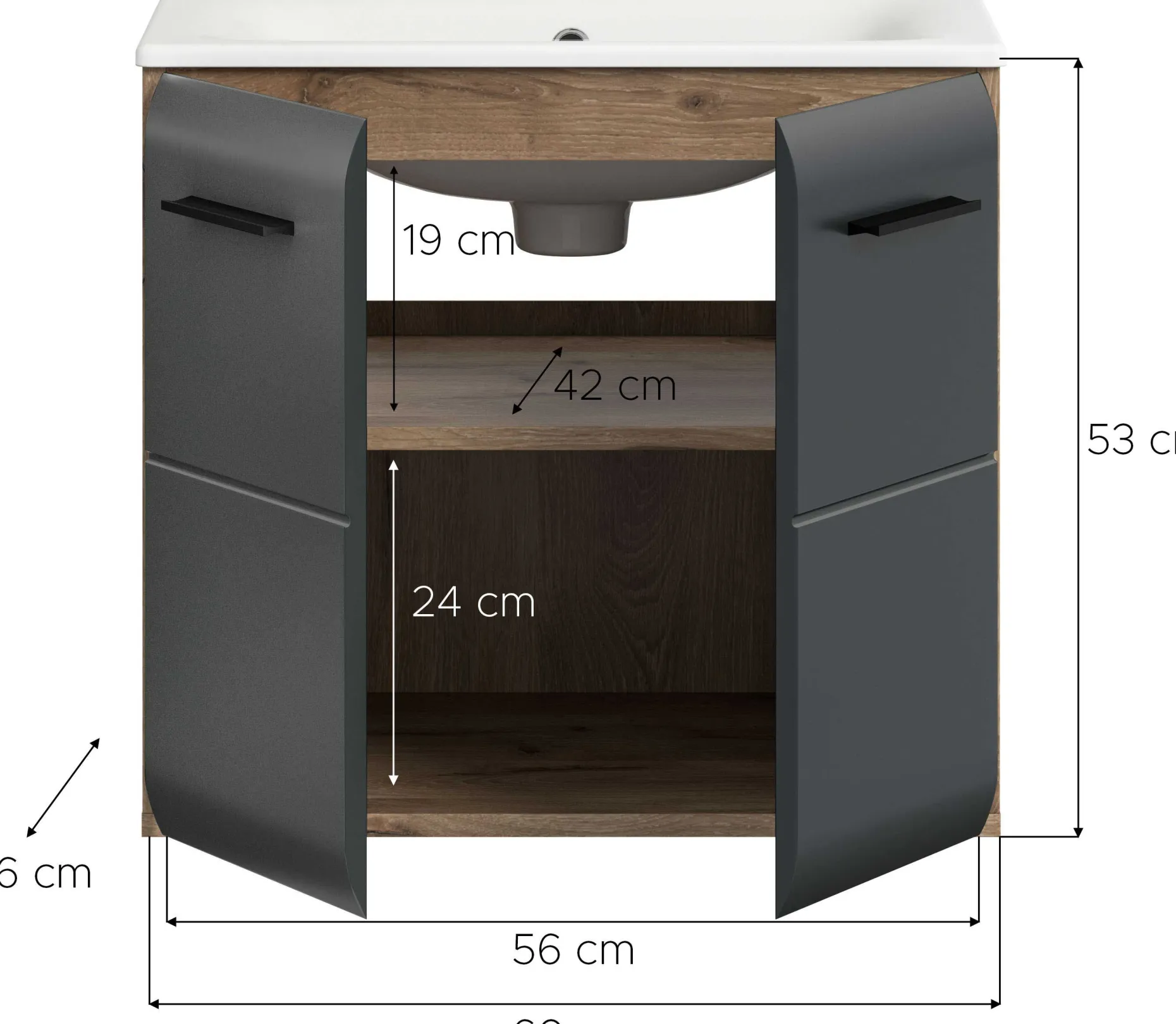 Waschbeckenunterschrank Ice Xonox - MDF matt schwarz/Nox Oak - 60x55x46 cm