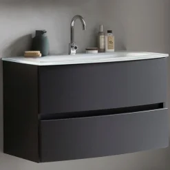Waschbeckenunterschrank Kornel 80cm weißes Waschbecken - graphitgrau