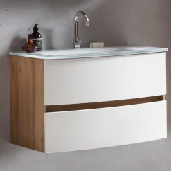 Waschbeckenunterschrank Kornel 80cm weißes Waschbecken - Eiche/mattweiß