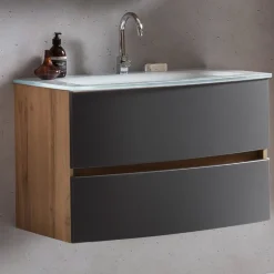 Waschbeckenunterschrank Kornel 80cm weißes Waschbecken - Eiche/mattgrau