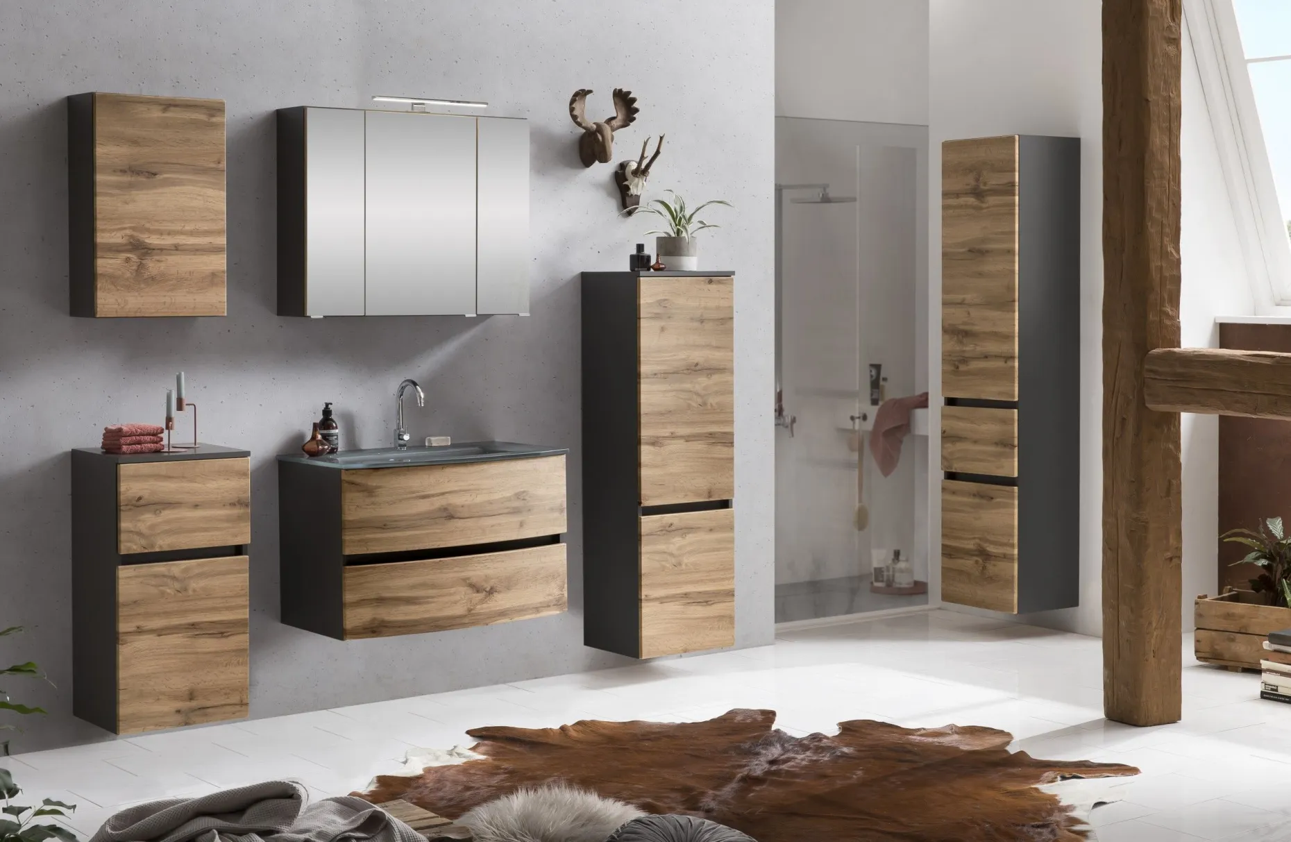 Waschbeckenunterschrank Kornel 80cm grau Waschbecken - graphitgrau/eiche