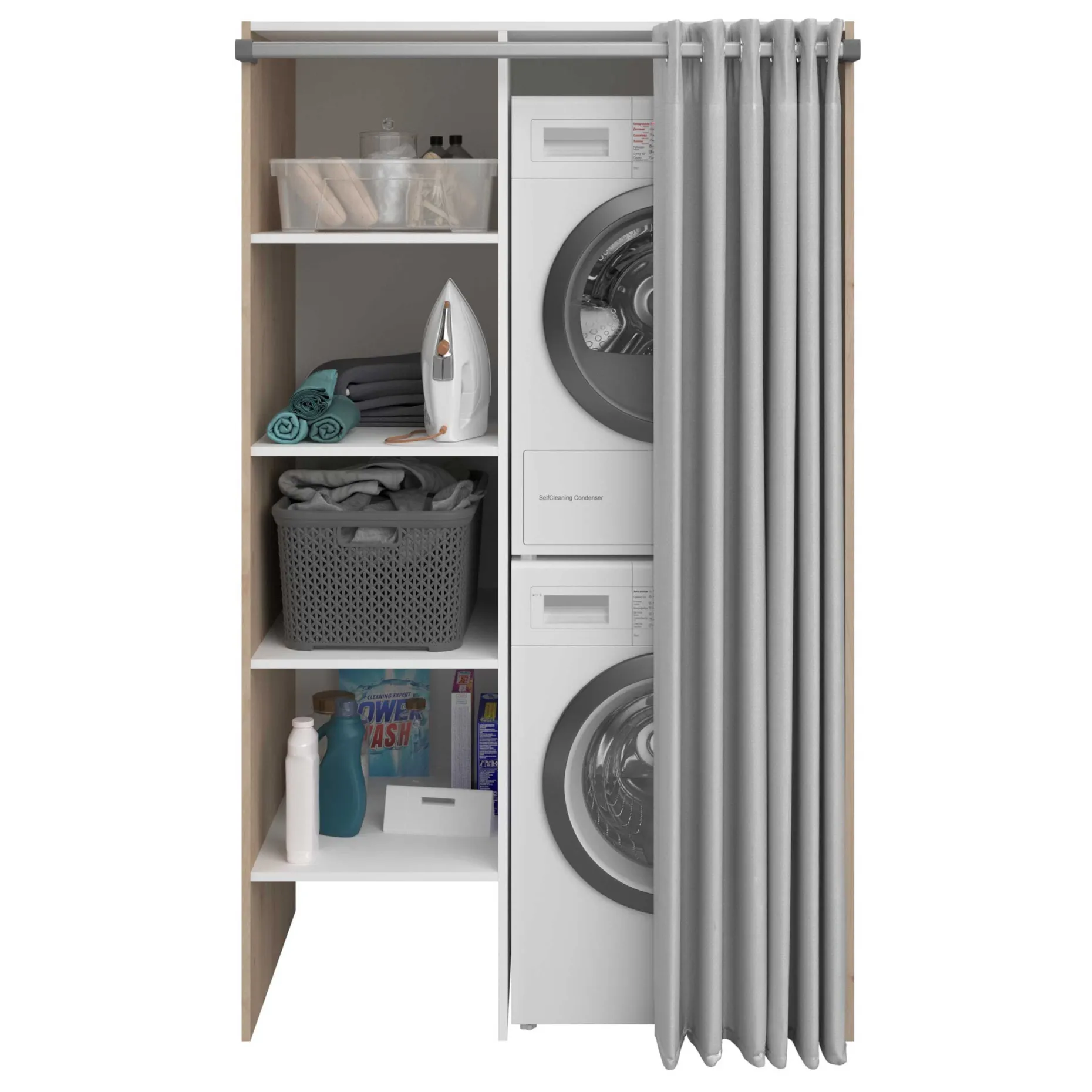 Waschmaschinenschrank Laundry - 113x70x184cm - 4 Einlegeböden und Vorhang - Eichendekor