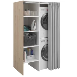 Waschmaschinenschrank Laundry - 113x70x184cm - 4 Einlegeböden und Vorhang - Eichendekor
