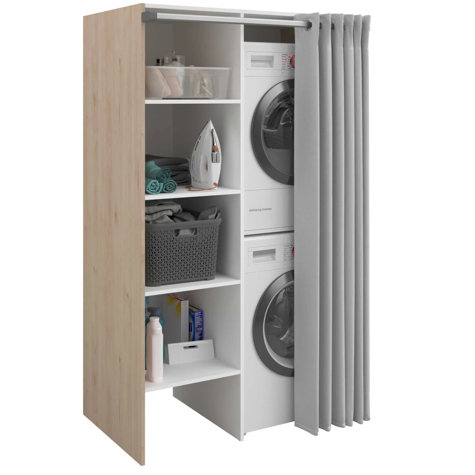 Waschmaschinenschrank Laundry - 113x70x184cm - 4 Einlegeböden und Vorhang - Eichendekor