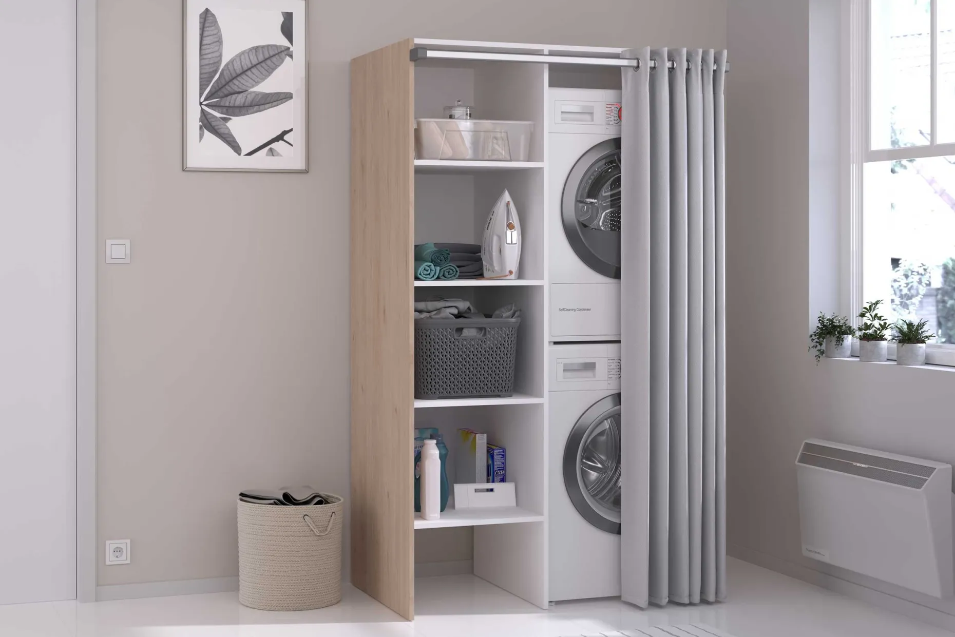 Waschmaschinenschrank Laundry - 113x70x184cm - 4 Einlegeböden und Vorhang - Eichendekor