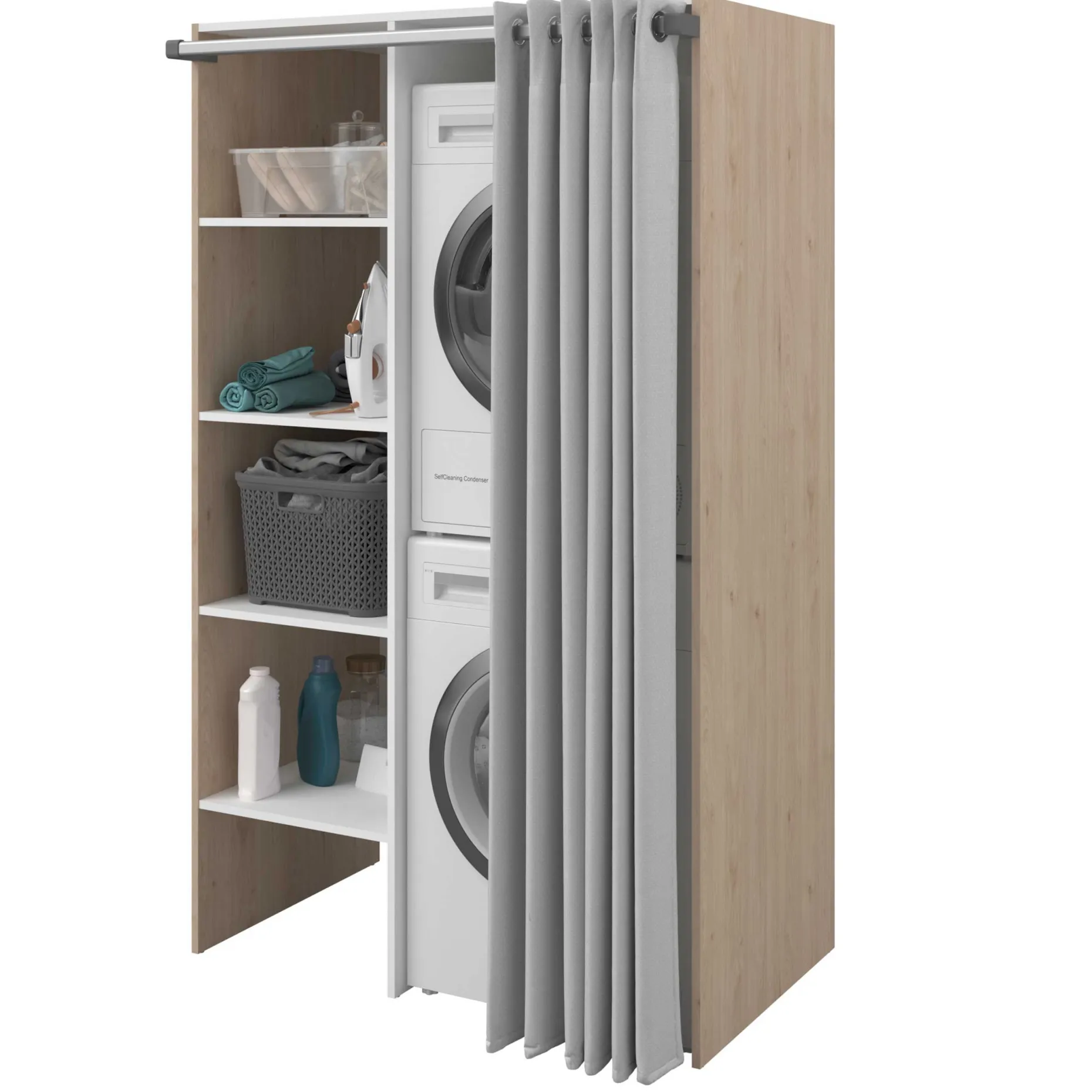 Waschmaschinenschrank Laundry - 113x70x184cm - 4 Einlegeböden und Vorhang - Eichendekor