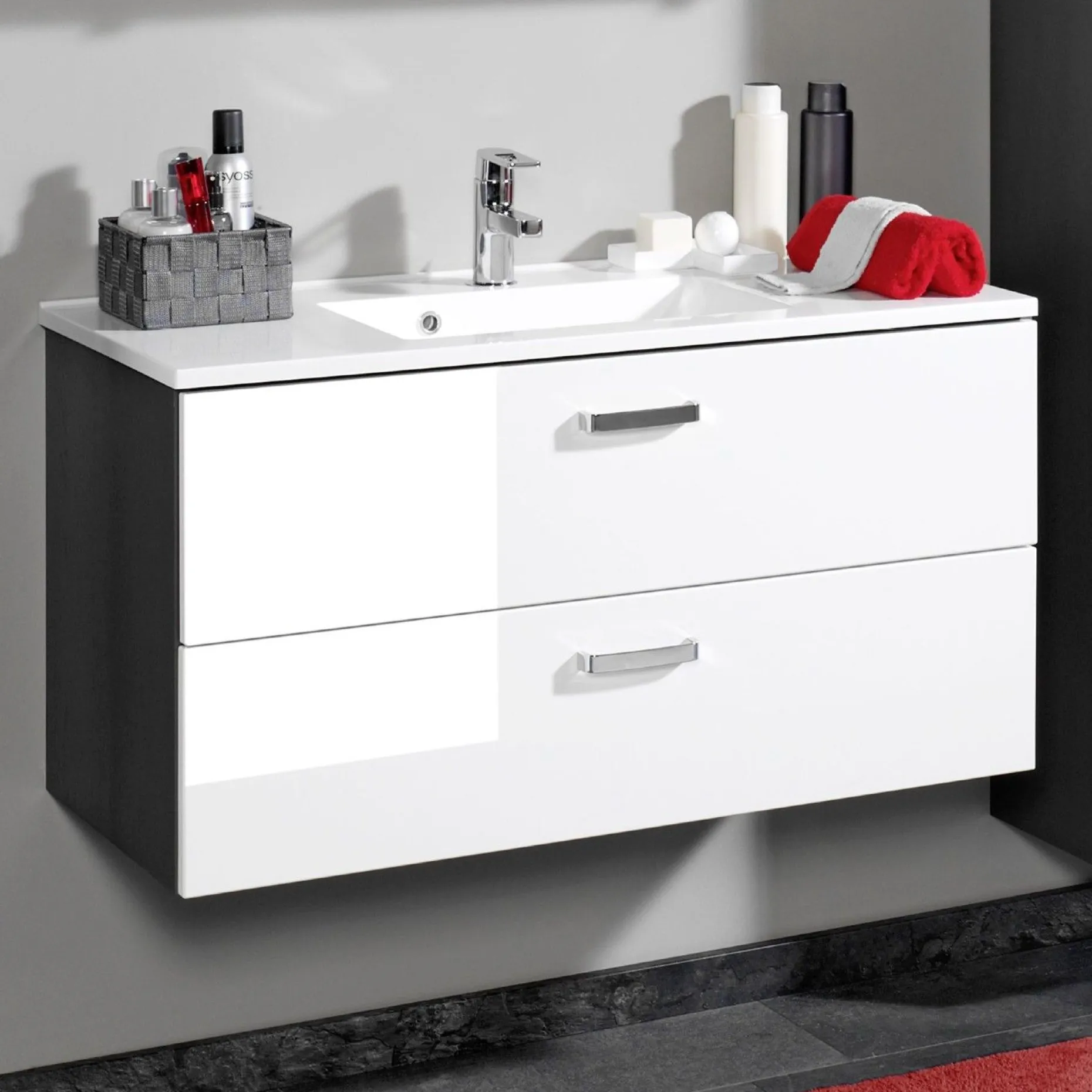 Waschtischunterschrank Bobbi 80cm 2 Schubladen - graphit/hochglanz-weiß