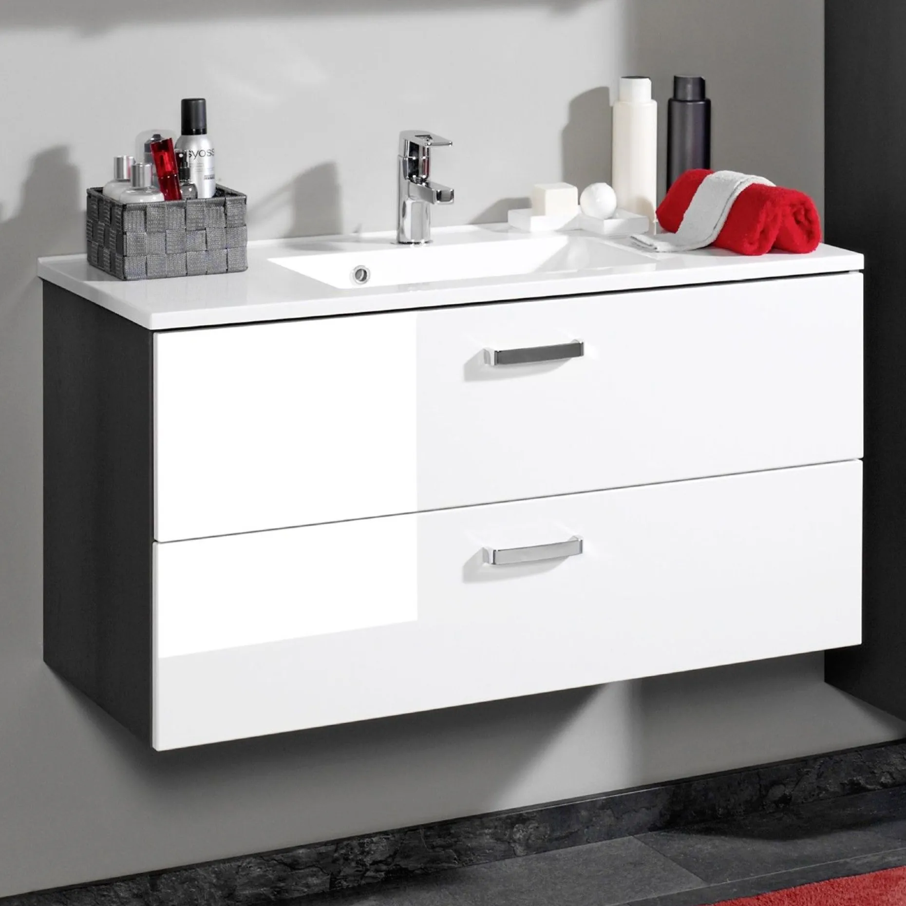 Waschtischunterschrank Bobbi 90cm 2 Schubladen - graphit/hochglanz-weiß