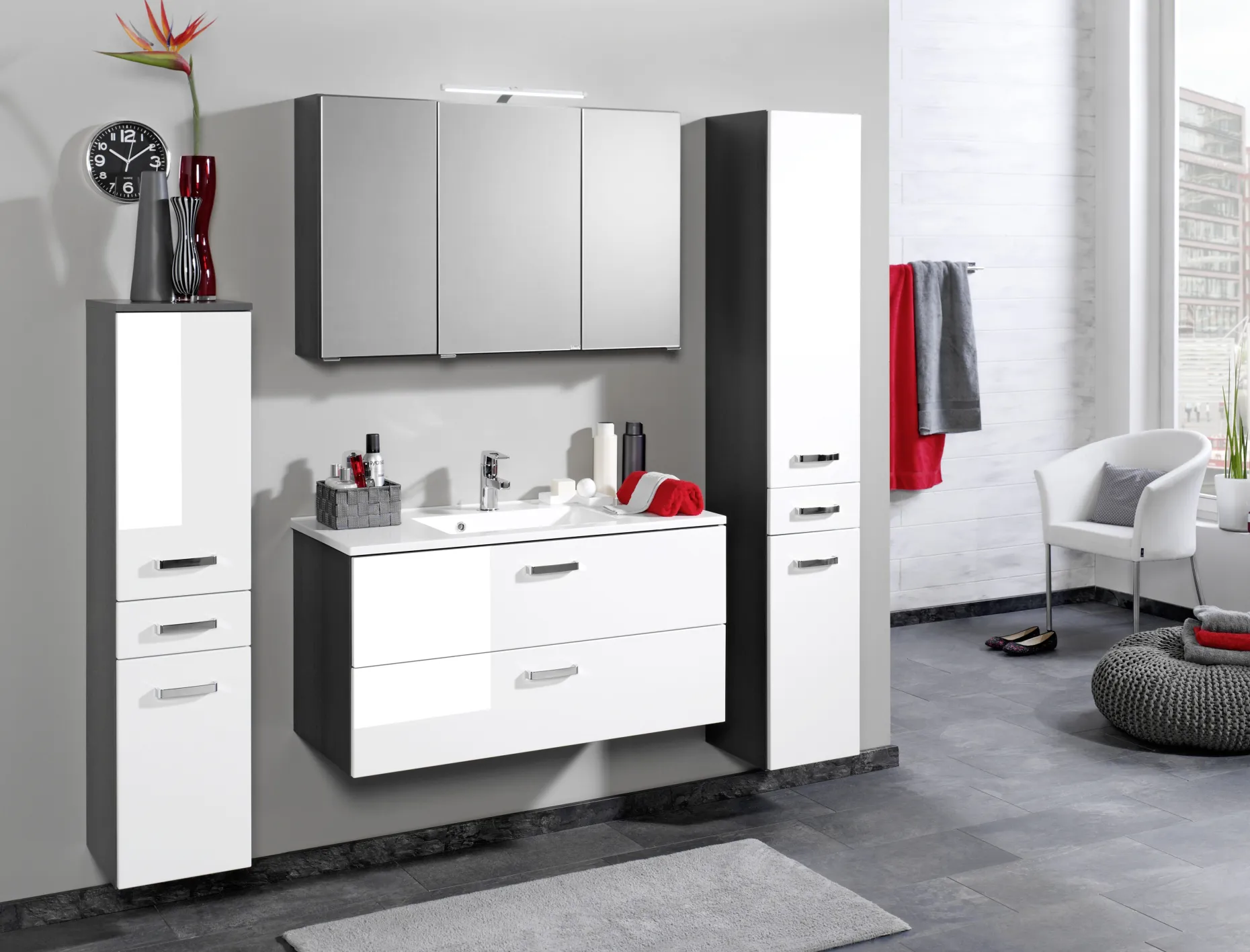 Waschtischunterschrank Bobbi 100cm mit 2 Schubladen und Keramikwaschbecken - graphit/hochglanz-weiß
