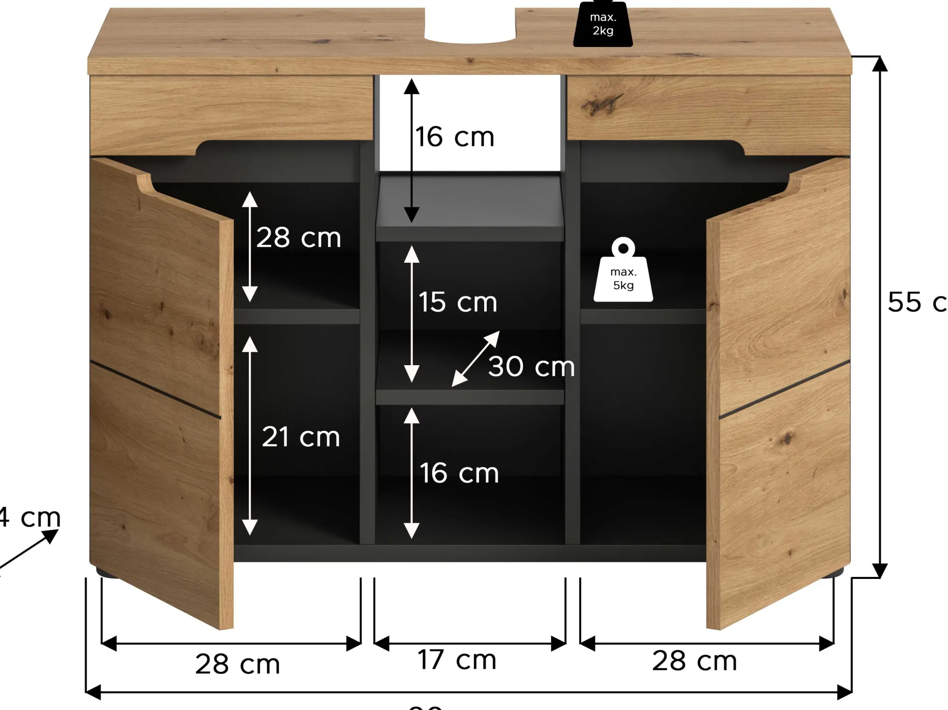 Waschtischunterschrank Canu Xonox - Basaltgrau & Holzoptik - 80x55x34 cm
