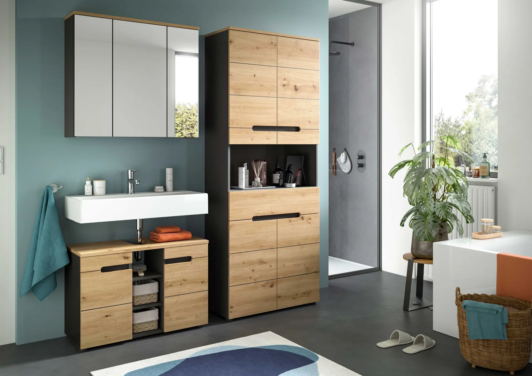 Waschtischunterschrank Canu Xonox - Basaltgrau & Holzoptik - 80x55x34 cm