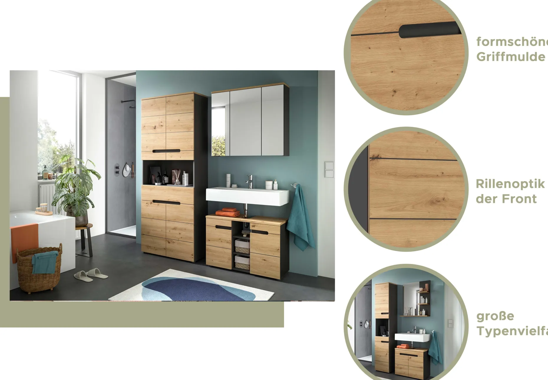 Waschtischunterschrank Canu Xonox - Basaltgrau & Holzoptik - 80x55x34 cm