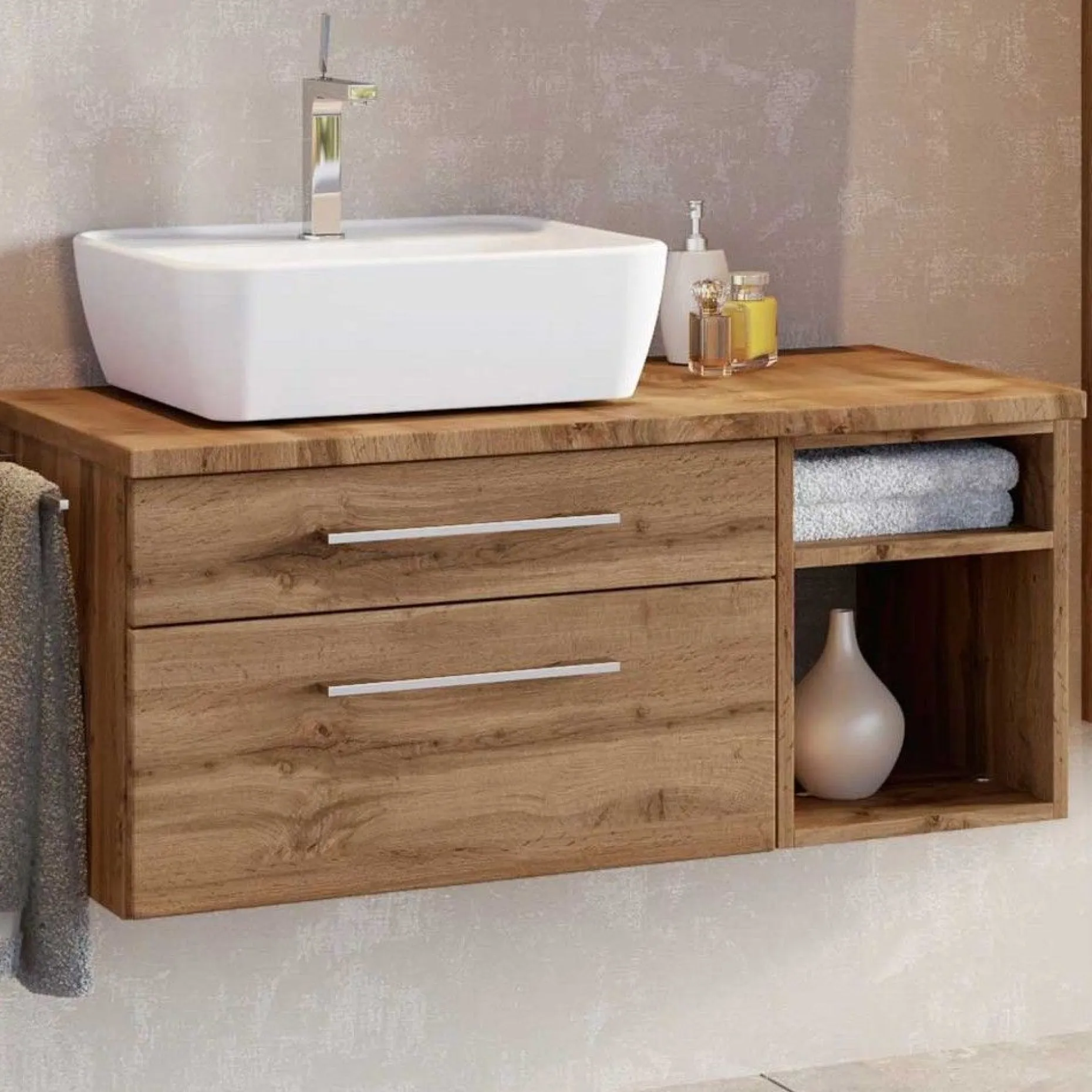 Waschtischunterschrank Dasa (links) 90cm mit 2 Schubladen - wotan eiche