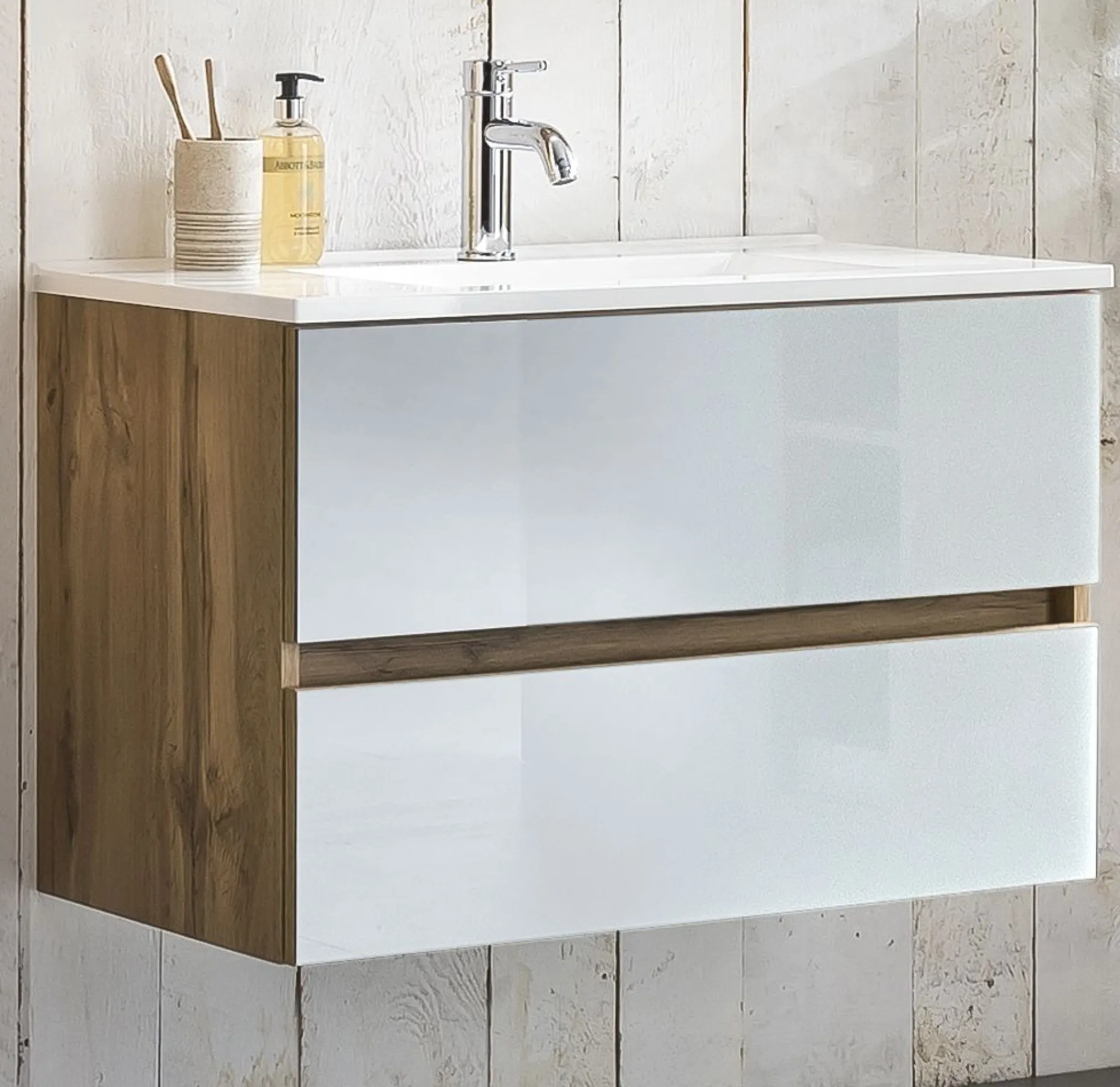 Waschtischunterschrank Helina 80cm mit 2 Schubladen - Eiche/Weiß