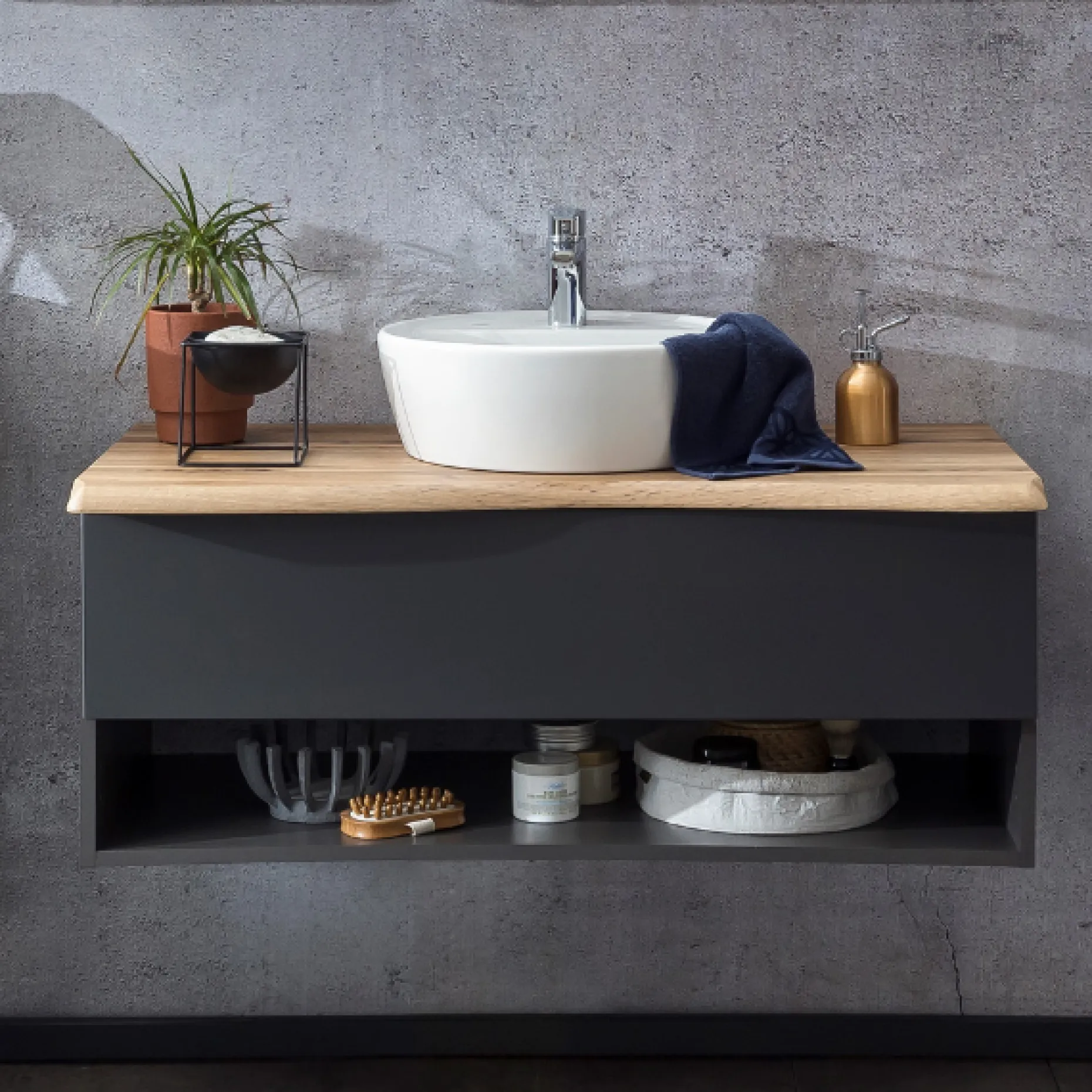 Waschtischunterschrank Karan 101cm mit Waschbecken und 1 Schublade - anthrazit/eiche