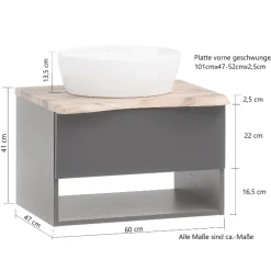Waschtischunterschrank Karan 61cm mit Waschbecken und 1 Schublade - anthrazit/eiche