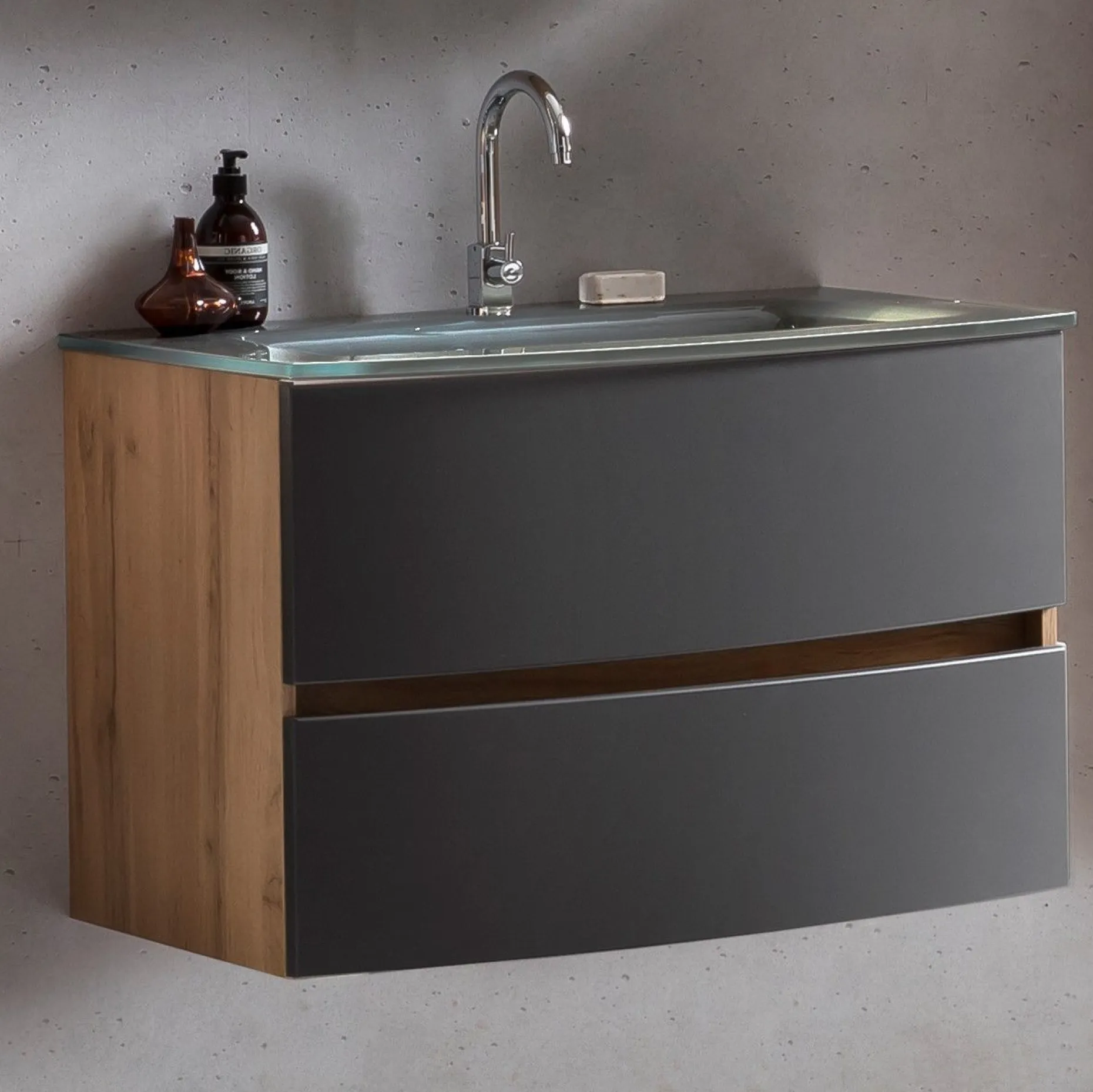 Waschtischunterschrank Kornel 80cm grau Waschbecken - Eiche/mattgrau