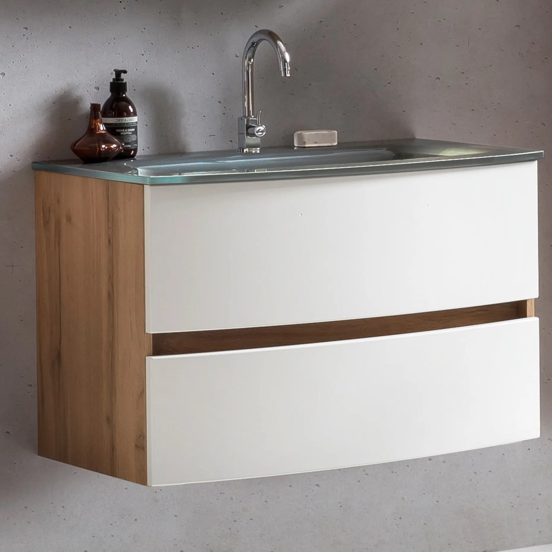 Waschtischunterschrank Kornel 80cm grau Waschbecken - Eiche/mattweiß
