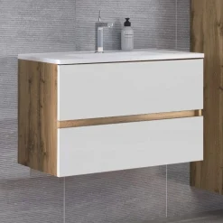 Waschtischunterschrank Luna 80cm 2 Schubladen - Eiche/Weiß