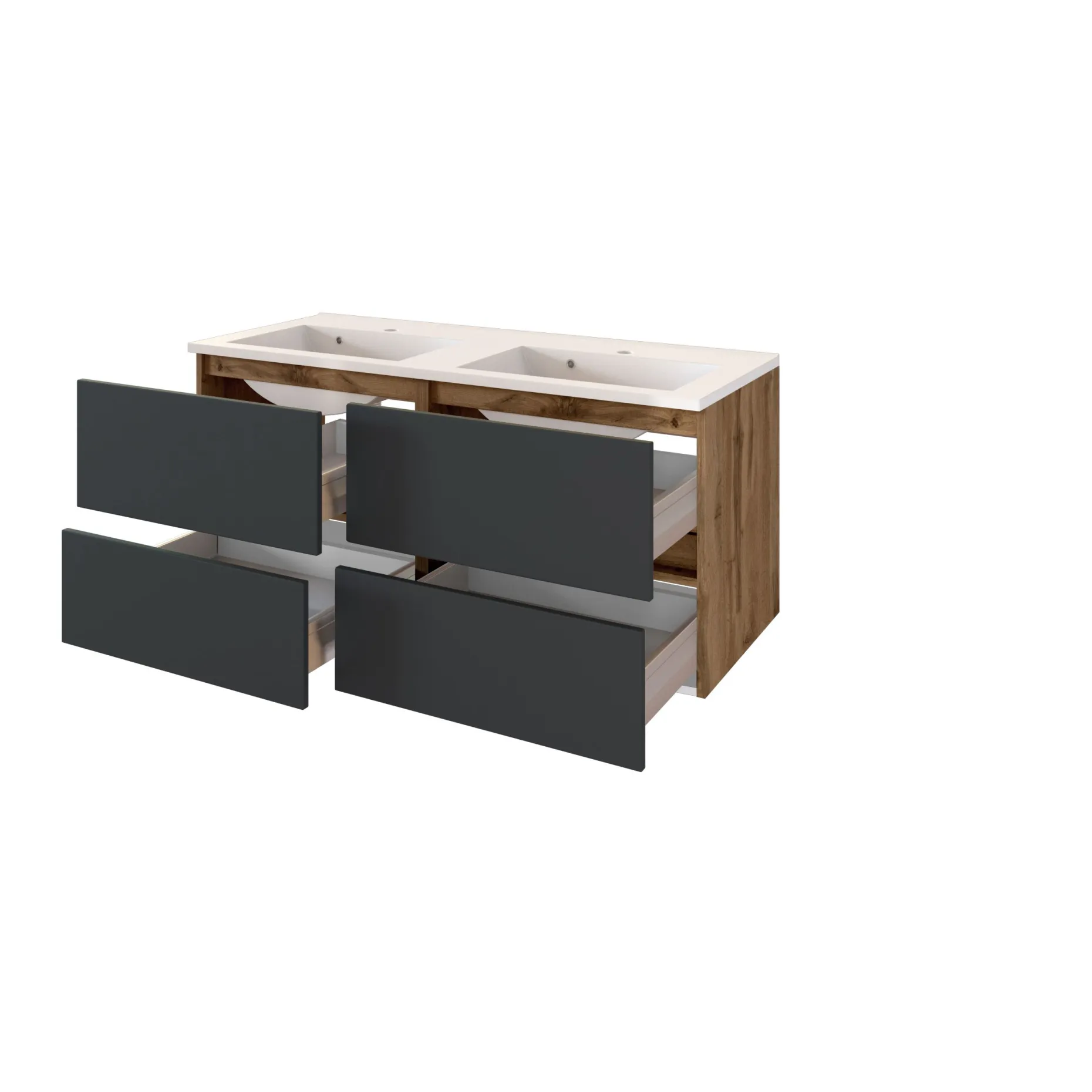 Waschtischunterschrank Luna 120cm mit Doppelwaschbecken und 4 Schubladen - Eiche/grau