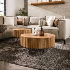 Emob Wave Runde Mangoholz Couchtische Set/2 - Sand Finish