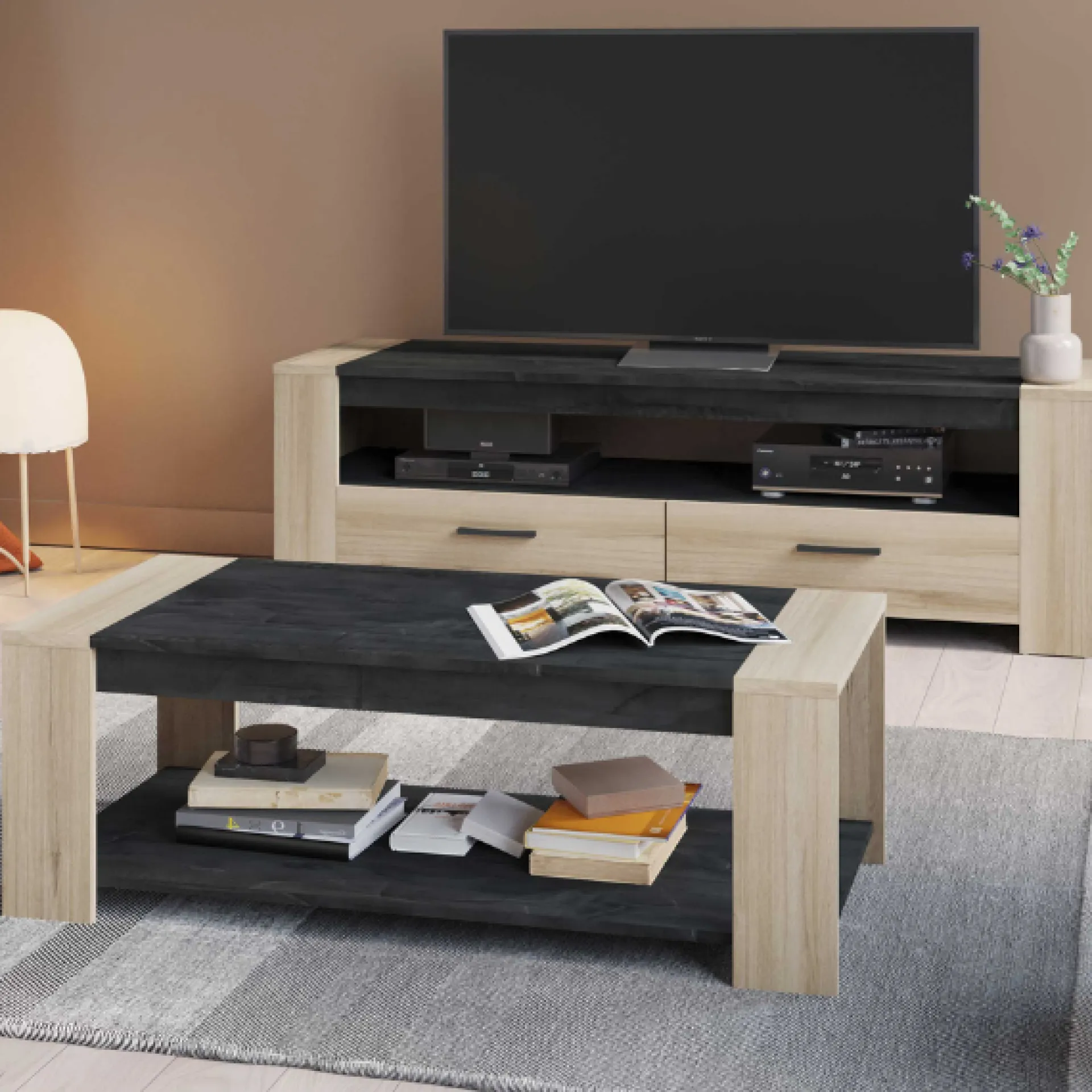 CBA Wohnzimmer Shane-Kronberg Eiche/Sidewalk schwarz