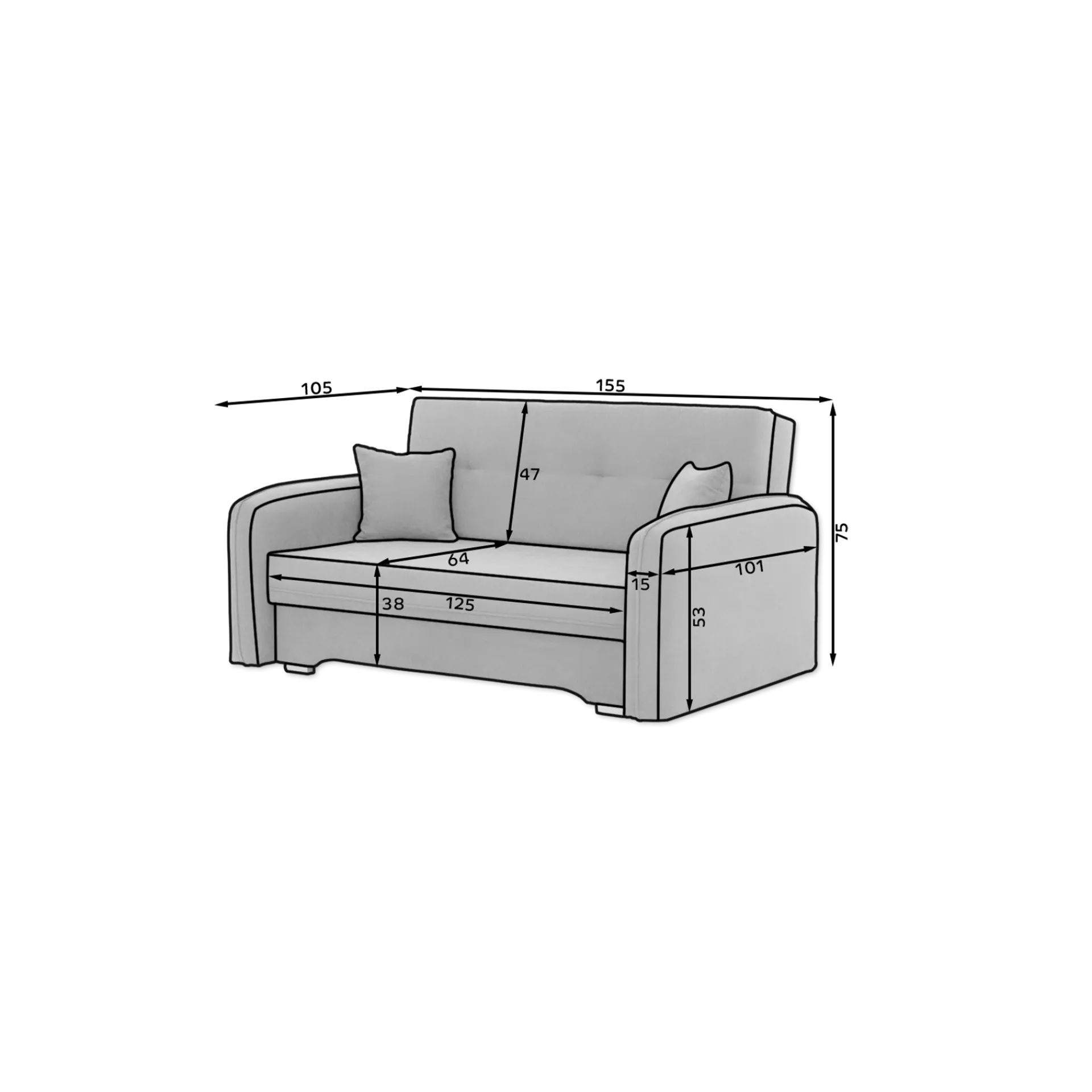 Emob Zweisitziges Sofa mit Schlaffunktion Laina | 155 x 105 x 75 cm | Dunkel